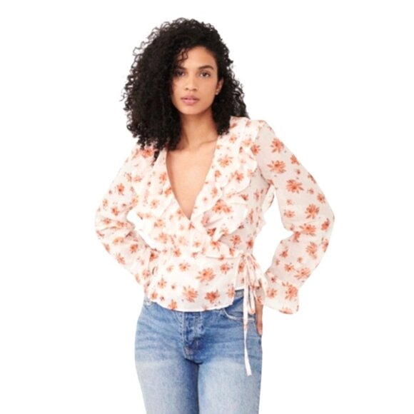 Free People Amanda Ruffle Wrap Top Medium Floral Womens Long Sleeve Boho Chic - Picture 1 of 13